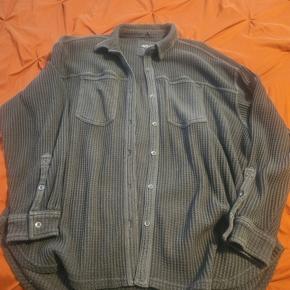 aerie Waffle Knit Button-Down Shirt Jacket in Dark Gray